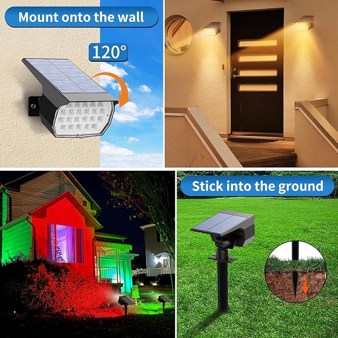 Solar Color Changing Spot Lights Outdoor Waterproof Colored RGB Solar Powered Landscape Lights for Yard 7 Lighting | Lumora