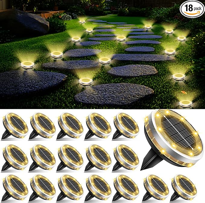 Solar Ground Lights Outdoor 18 Pack Waterproof, Upgraded Solar Garden Lights with 4 Side Light, Stainless Steel | Lumora