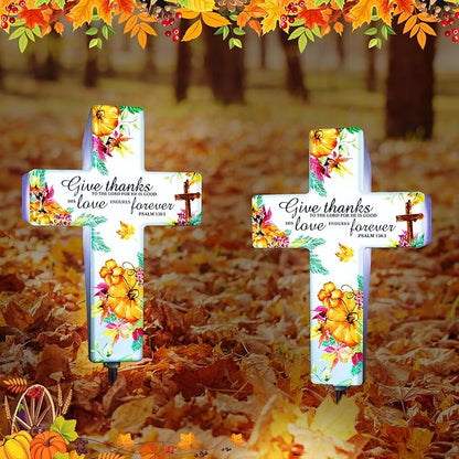 Yousoontic Thanksgiving Fall Solar Stake Lights Outdoor Garden Autumn Cross Yard Sign Garden Decor for Give Thanks to The Lord Harvest Yard Lawn Pathway Party