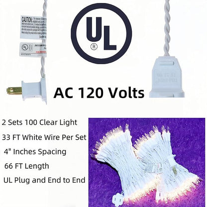 LUCKY SHINE 200 Clear Warm Christmas Lights, UL Certified and Commercial Grade 2 Sets100 Light with White Wire 66 Ft, for Indoor and Outdoor Party, Patio, Trees, Garden.