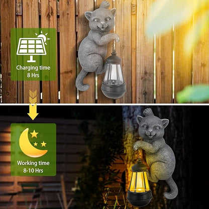 Solar Cat Outdoor Statues for Garden Decor Hugger Solar Lantern Resin Statue for Outside Balcony Decorations Gift for Grandma Women (Grey Cat)