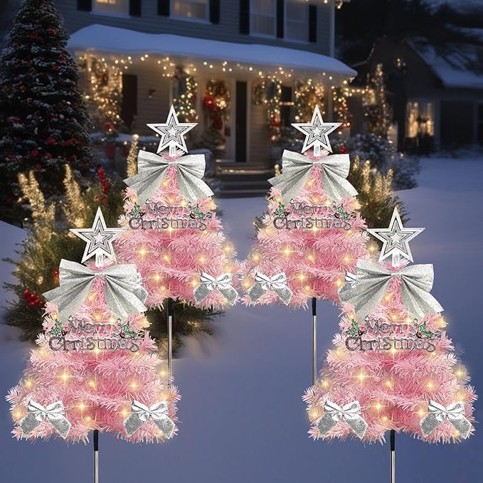 4 Pack Christmas Tree Solar Pathway Lights Outdoor Decorations, Waterproof Artificial Mini Xmas Tree Stake Lights with DIY Ornamets for Garden Yard Porch Decor (Pink Tree)