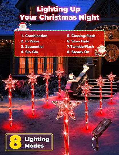 Solar Christmas Lights Outdoor 8 Pack, 2200mAh Solar Xmas Decorations Star Light, 8 Lighting Modes IP65 Waterproof Christmas Pathway Lights Outside for Garden, Yard, Street, Park, Holiday (RED)