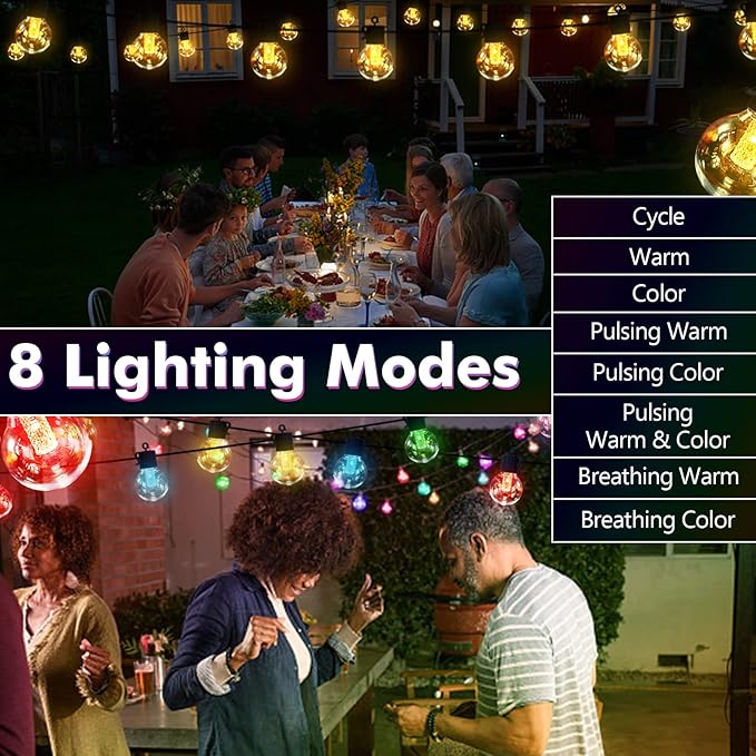 Solar Outdoor Lights Warm Colored Tunable, 50FT String Light Outdoor Waterproof - Solar Powered Patio Light USB Charging Hanging Lights for Yard - G40 Solar Lighted Up for Outside String (Pack of 3)
