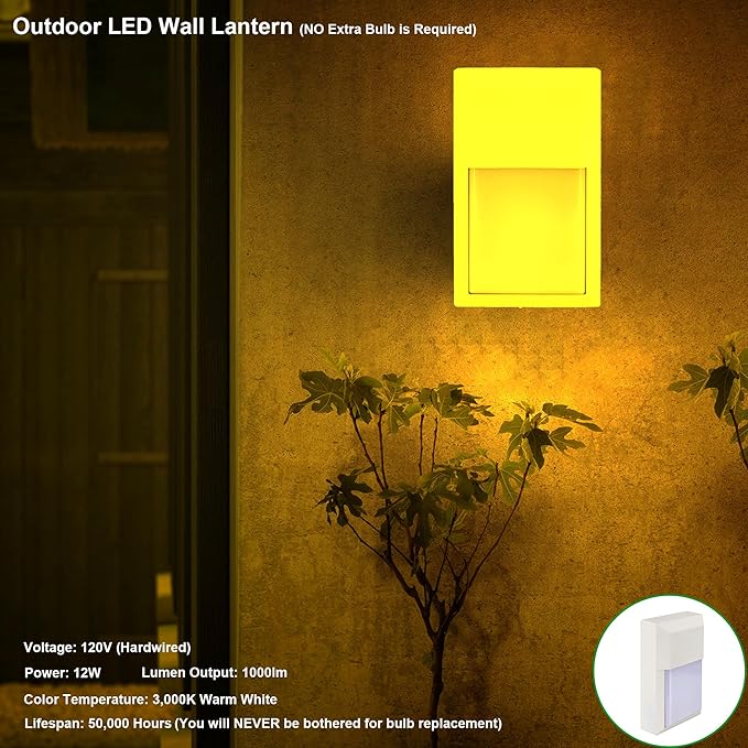 LIT-PaTH Outdoor LED Wall Lantern, Wall Sconce Lights Porch Lighting Fixture, 12W 1000 Lumens, Aluminum Housing Plus PC, 3000K White Finish, 2-Pack