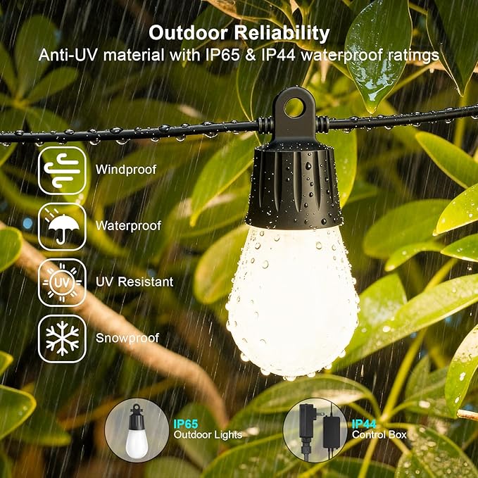 Outdoor String Lights 118FT Smart Patio Lights with Remote &APP Control, 36 LED Bulbs RGB IC Warm White, IP65 Waterproof Color Changing for Christmas, Balcony, Gazebo,Garden, Party, Holiday Decor