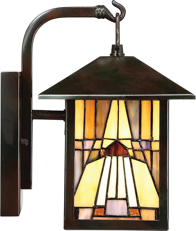 Quoizel TFIK8407VA Inglenook Tiffany Style Classic Geometric Handcrafted Mission Outdoor Wall Sconce, 1-Light 100 Watt, 11" H x 7" W, Valiant Bronze