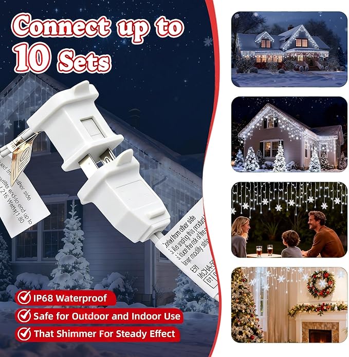 LED Christmas Lights, 70 Mini LED Icicle Lights with Snowflakes on 9.5FT - 5MM Wide Angle White Bulbs, IP68 Waterproof & ETL Certified for Outdoor/Indoor