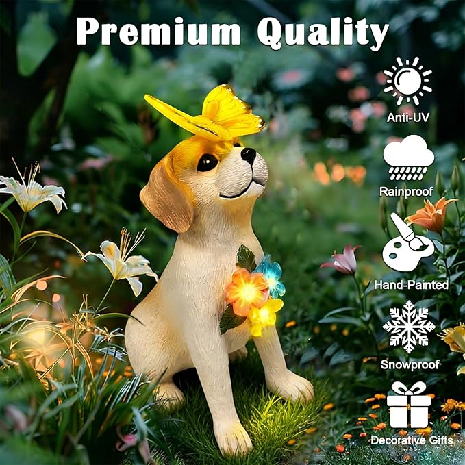 Solar Dog Garden Statues Decor, Outdoor Fairy Dogs Figurines Accessories Decorations with LED Lights Home Patio Balcony Yard Lawn Ornaments, Unique Thanksgiving Gifts for Mom Women Dad Friends