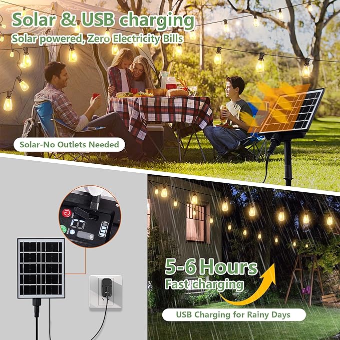 100FT Solar String Lights, Waterproof Solar Powered Patio Lights, 3 Light Modes with Remote & USB Port, 30 LED | Lumora