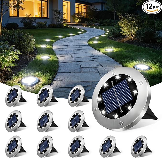 4.6 Inch Solar Ground Lights 12 Pack, Solar Lights Outdoor Waterproof, Solar Garden Lights Outdoor Landscape Lighting for Pathway Walkway Patio Yard Driveway, Cool White