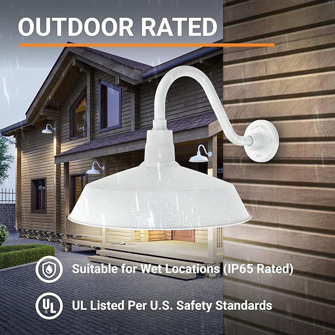 17in. White Finish Outdoor Gooseneck Barn Light Fixture with 14.5 in. Long Extension Arm - Wall Sconce Farmhouse | Lumora