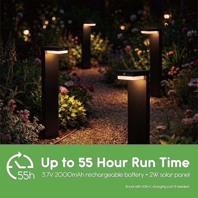 Solar Pathway Lights - Walkway Solar Lights for Outside - PIR Sensor & Two Lighting Modes - Rechargeable Battery Lasts Up To 55 Hours - 3000K - IP44 Weather Resistant - 4 Pack - 20.5" Height