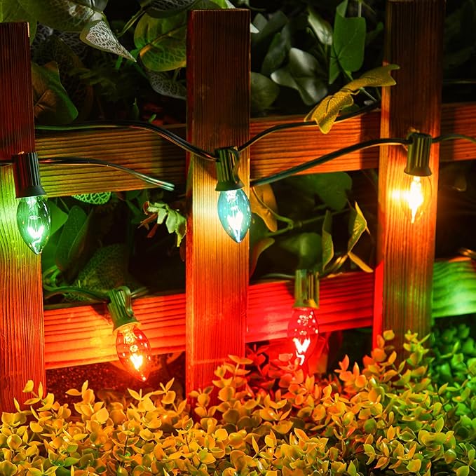 Minetom C7 Christmas Lights Outdoor 50 Feet Multicolor Christmas String Lights Green Wire for Room Roofline House Garden Patio Backyard Cafe Party Xmas Home Decorations, 50 Clear Bulbs