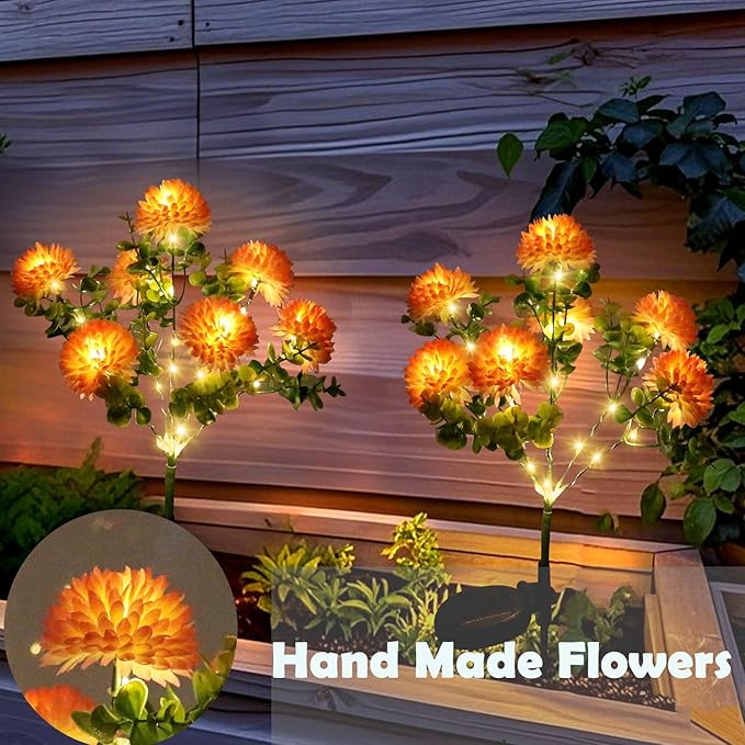 2 Pack Outdoor Solar Garden Lights Decor, Waterproof Solar Powered Flowers Lamp, Decorative 14PCS Artificial Dahlia with Warm White LEDs, 29.5 INCH Solar Lights for Pathway Fence Yard Patio Lawn Porch