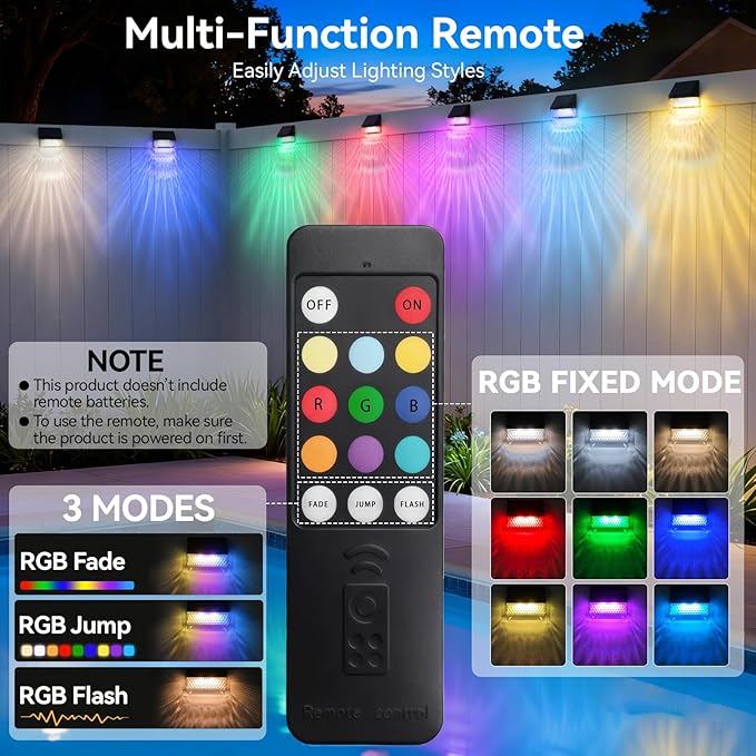 LumiZen Solar Deck Lights 8 Pack, 12 Modes RGB Color with Remote Dimmable Solar Fence Lights Outdoor Led Powered | Lumora
