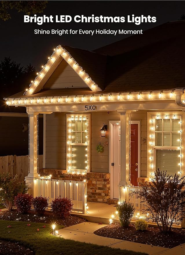 C9 LED Christmas Lights Outdoor, 66 Feet 100 LED C9 String Lights with 100 Spring Clips, Waterproof Connectable Christmas Tree Lights for Outside Roofline Patio Home Xmas Decor, Warm White 2 Pack
