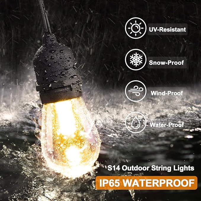 COOS BAY Solar-Powered 25 FT S14 String Lights, IP65, 10 Shatterproof Edison Vintage Bulbs (2 Spare) for Outdoors, 10 Hanging Sockets, Decorative Lights for Patio, Garden, Wedding, Party, and Pool