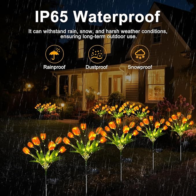Aolyty Solar Garden Lights Outdoor, Solar Tulip Lights 2 Pack with 14 Tulip Flowers, IP65 Waterproof LED Stake Light for Pathway Patio Yard Landscape Decorative (Orange)