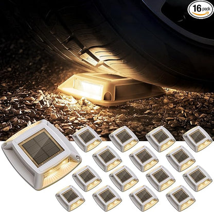 Solar Driveway Lights Outdoor 16 Pack, IP68 LED Solar Powered Waterproof Driveway Marker Deck Dock Lights for Dock Step Pathway Walkway Sidewalk Garden Yard Stair Marine (Warm)