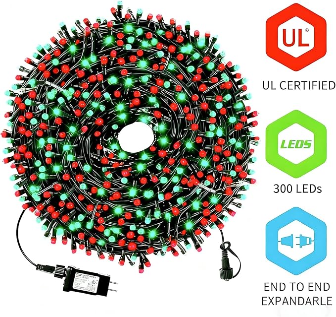 105FT 300 LEDs Red Green Christmas Lights Outdoor Indoor, Christmas Tree Lights Party Decorations, 8 Lighting Modes | Lumora