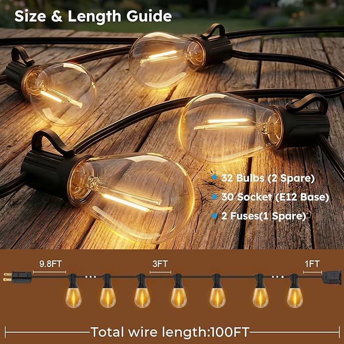 S11 LED Outdoor String Lights 100FT, Shatterproof & Waterproof Patio Lights with 32 Plastic Bulbs for Porch, Deck, Garden, Backyard, Balcony, 2700K Dimmable