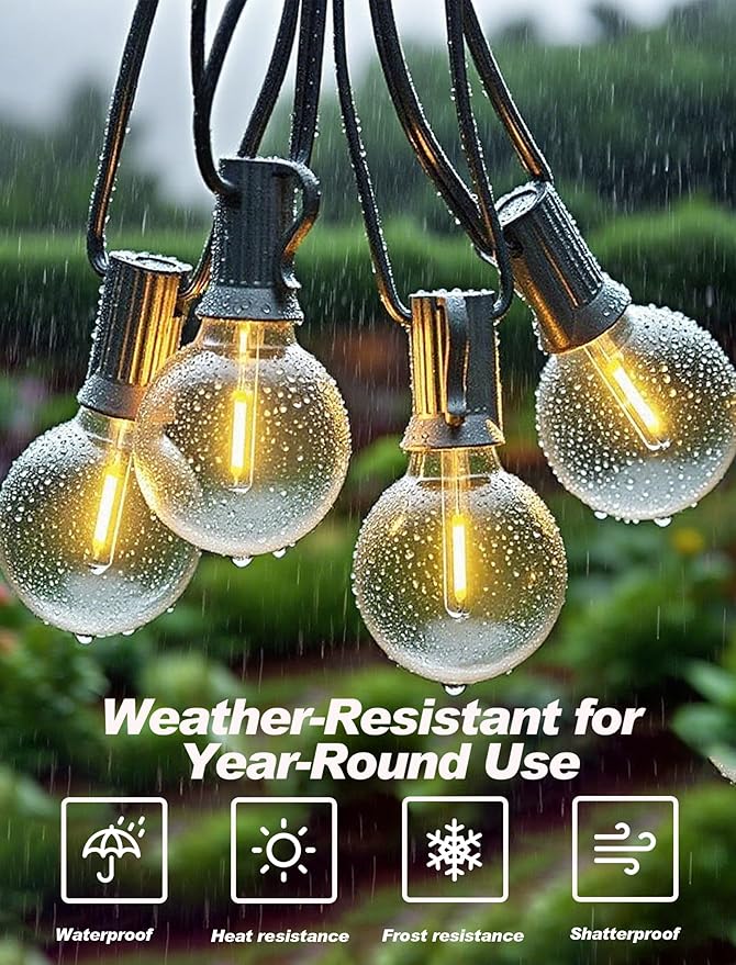50FT LED Outdoor String Lights, G40 Globe Christmas String Lights Waterproof with 25 Warm White Bulbs & 2 Spare, Connectable Hanging Lights for Patio Backyard Porch Christmas Party Decor