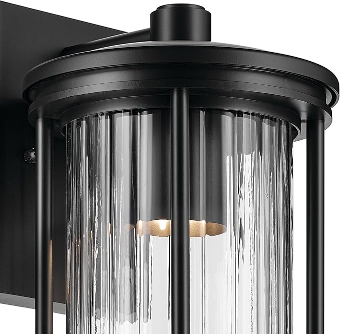 Kichler Barras 16" 1-Light Outdoor DarkSky Approved Wall Sconce with Clear Ribbed Glass in Black, Vertical Mount | Lumora