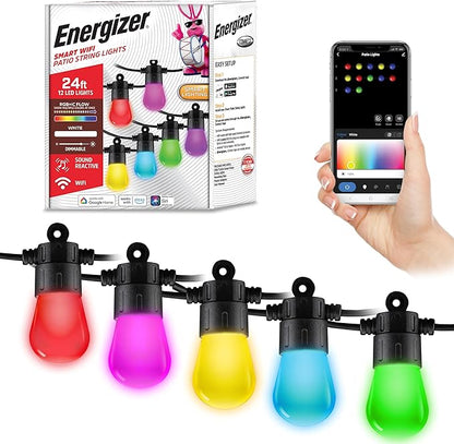 Energizer Smart RGBW+IC Outdoor String Lights, 24ft, 12 Multi-Color & White Sound Reactive LED Bulbs, IP65 Water & Weather Resistant, Voice Control with Alexa, Google, Siri, Grouping, Scheduling