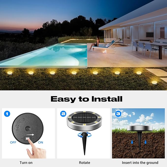 Peasur Solar Ground Lights Outdoor, 8 Pack Flat Solar Powered Disc Lights, IP68 Waterproof, Anti-Rust, Landscape | Lumora