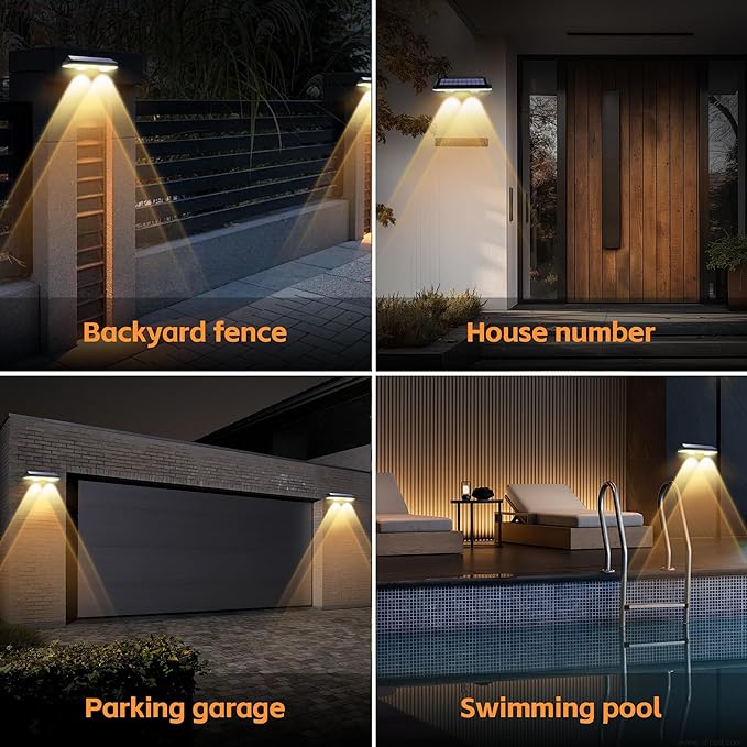Solar Fence Lights Outdoor, Waterproof LED, 3Lighting Modes (Warm/Neutral/White), SolarPowered Wall Lights with 500mAhBattery,Solar Fence Lights lP65 Weatherprooffor Garden, Yard, Balcony(4-Pack)