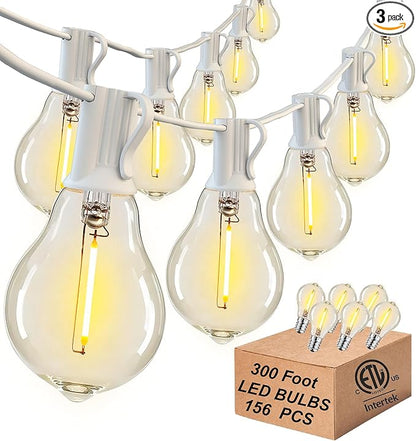 DAMAING Outdoor String Lights 300FT(3x100FT) Waterproof Patio Lights with 156 Shatterproof Dimmable LED Edison Bulbs,Connectable Outdoor Lights for Backyard Party Wedding Outside, 2200K White Cord
