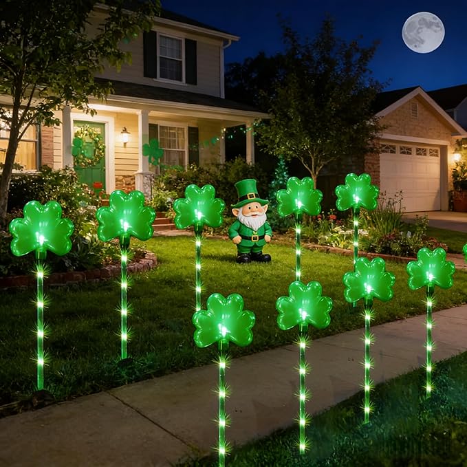 5 Pack St. Patrick's Day Solar Pathway Lights Outdoor - Green LED Shamrock Landscape Stake Lights, Waterproof Solar Powered Plug-in Lawn & Garden Decor for Yard, Walkway, Irish Party Decorations
