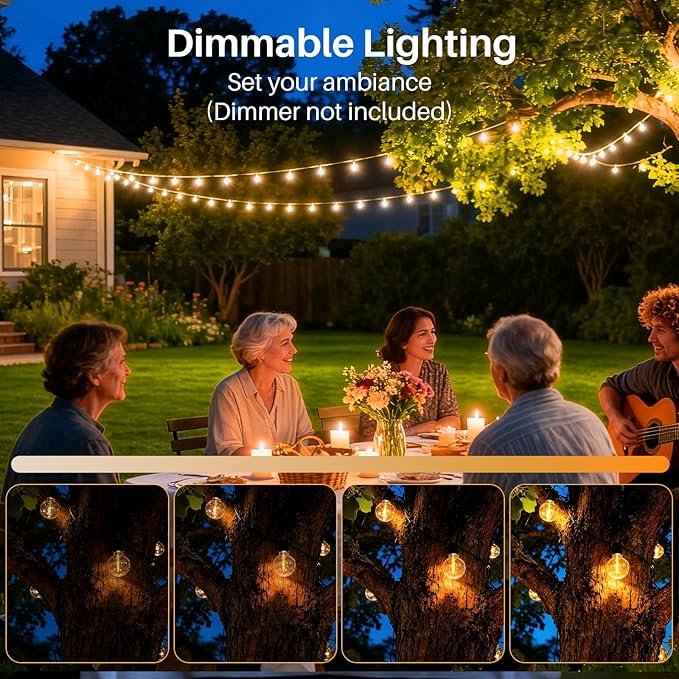 25 FT Yellow Outdoor String Lights G40 Globe Shatterproof Patio Lights,13 Plastic Edison Bulbs(1 Spare) IP65 Waterproof Dimmable LED Bulbs for Backyard Porch Balcony Party Decor, E12 Base