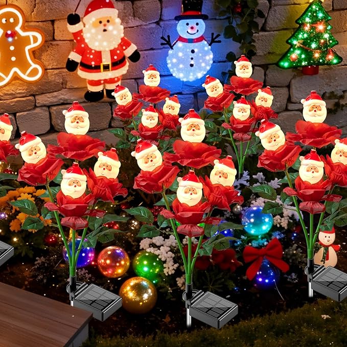 2 Packs Christmas Rose Solar Garden Light with Santa Claus, 27.4 Inches Garden Solar Light Outdoor for Christmas Decoration, Auto ON/Off, IP65 Waterproof, Suitable for Courtyard, Pond, Walkway