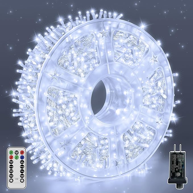 Christmas Lights 600LED 98FT, Waterproof Outdoor String Lights with Remote and Timer, 8 Modes Dimmable Fairy Lights for Indoor Outdoor Wedding Party Holiday Decorations (Cool White)