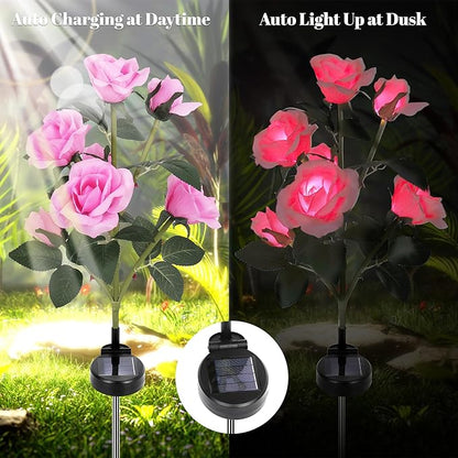 Solar Rose Lights Outdoor, 2 Pack with 14 Rose Flowers Waterproof Color Changing LED Flower Lights, Solar Powered Garden Stakes for Yard, Patio, Pathway Decor - Artificial Floral Decorative Lighting