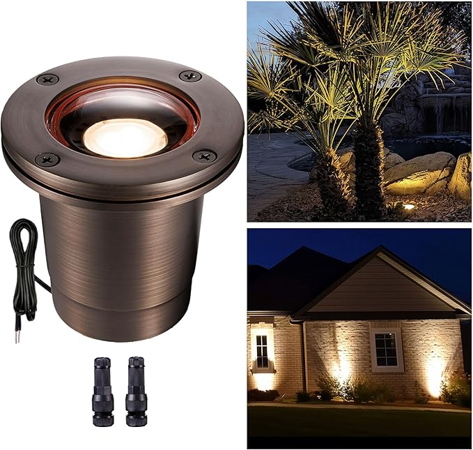 Gardenreet Brass In Ground Lights - IP67 Waterproof Low Voltage Outdoor LED Well Light, 12V Landscape Lighting, Antique Bronze for Wall Tree Pathway Without MR16 Bulb