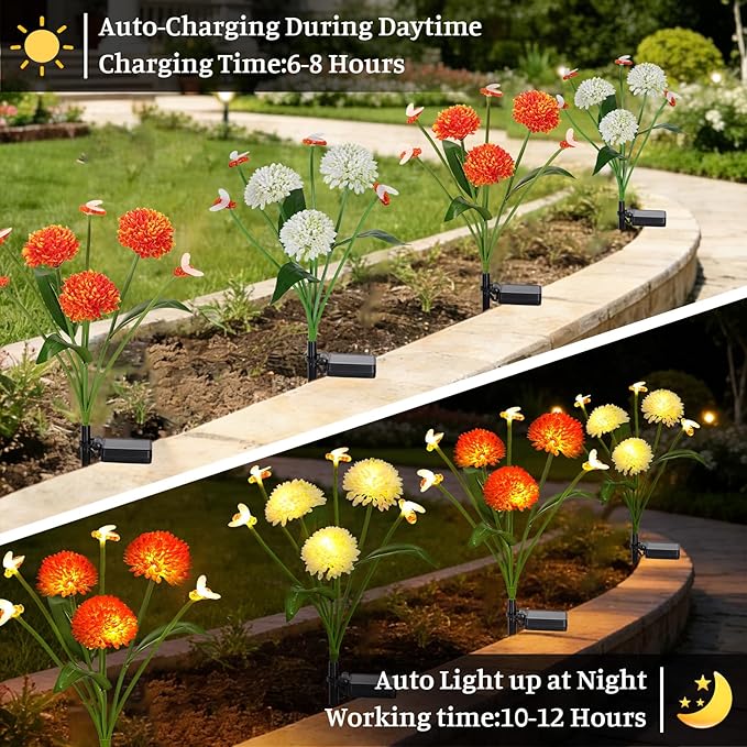 Solar Garden Lights Outdoor Waterproof 4 Packs Solar Swaying Bee Lights with Fake Flowers Fairy Lights Outdoor Patio Yard Pathway Decoration Ideal Gifts for Women Mother's Day