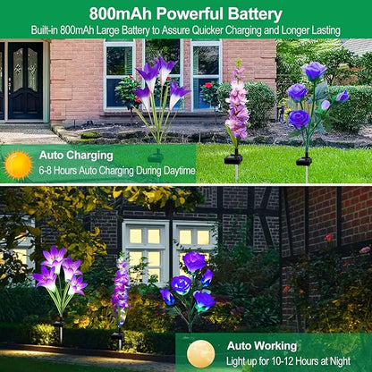 Solar Garden Lights Waterproof, 3 Pack Solar Flowers Lights Includes Lily Rose Delphinium, Gardening Gifts for Mom Grandma Women, 7-Color Changing Outdoor Decor for Garden Yard Patio Lawn