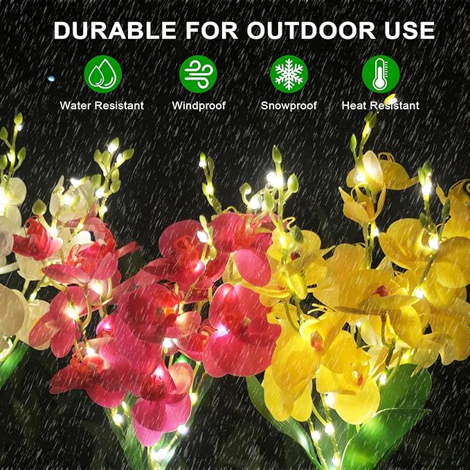 Solar Flower Lights, 2 Pack Solar Flowers with Purple & Yellow Orchids, Solar Outdoor Lights, Waterproof Solar Garden Lights for Yard, Patio, Pathway, Lawn, Flowerbed, Grave, Cemetery Decor
