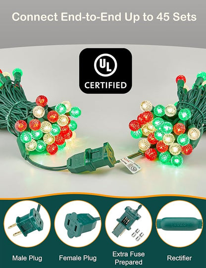BOHON Christmas Lights 17FT 50 LED Faceted G15 Red White and Green String Lights Outdoor Plug in Commercial Lighting Grade Tree Decorations for Indoor Xmas Decor, Green Wire, Waterproof