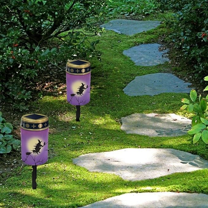 Solar Garden Lights Witch Moon Print Solar Outdoor Lights Waterproof Solar Lights for Cemetery Halloween Decoration Landscape Path Lights LED Solar Lamp for Yard Garden Driveway