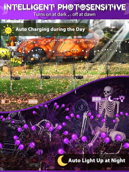 Albelt Halloween Decorations Outdoor, 6 Pack Solar Firefly Lights Outdoor, 48 LED Solar Halloween Lights, Waterproof Swaying Garden Light (Sway by Wind) for Outside Yard Pathway Decor (Purple)