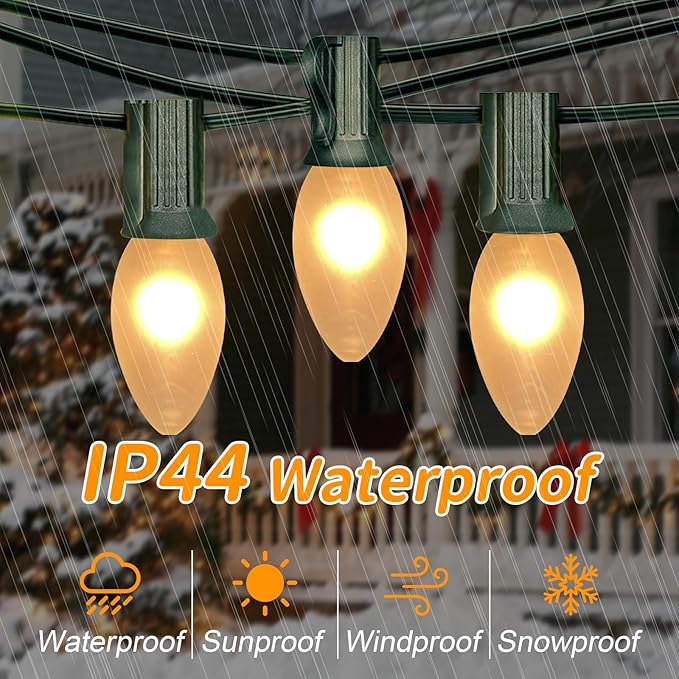 25 FT C9 Frosted Christmas Lights,Warm White Outdoor Light with 26 Bulbs(1 Spare), C9/ E17 Base,Old Fashioned Christmas Lights for Roofline, Yard, Garden, Wedding Decorations