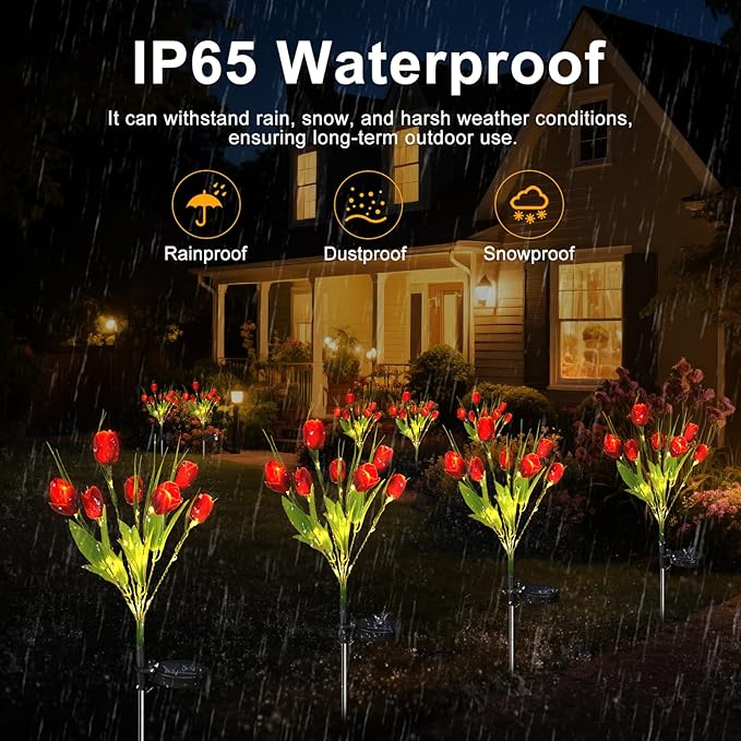 Aolyty Solar Garden Lights Outdoor, Solar Tulip Lights 2 Pack with 14 Tulip Flowers, IP65 Waterproof LED Stake Light for Pathway Patio Yard Landscape Decorative (Red)