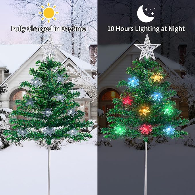 Christmas Decorations Outdoor 4 Sets Solar Christmas Tree with 80pcs Multi-Color C6 Snowflake Led Lights 8 Lighting Modes Waterproof Pathway Lights for Outside House Garden Yard