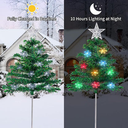 Christmas Decorations Outdoor 4 Sets Solar Christmas Tree with 80pcs Multi-Color C6 Snowflake Led Lights 8 Lighting Modes Waterproof Pathway Lights for Outside House Garden Yard