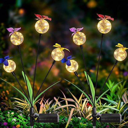 Solar Garden Lights, 2 Packs Butterfly Bulb Path Light, Warm Light Firefly Swaying Lights, Waterproof Outdoor Decoration for Lawn Yard Garden Patio Walkway Ground (Warm Light)
