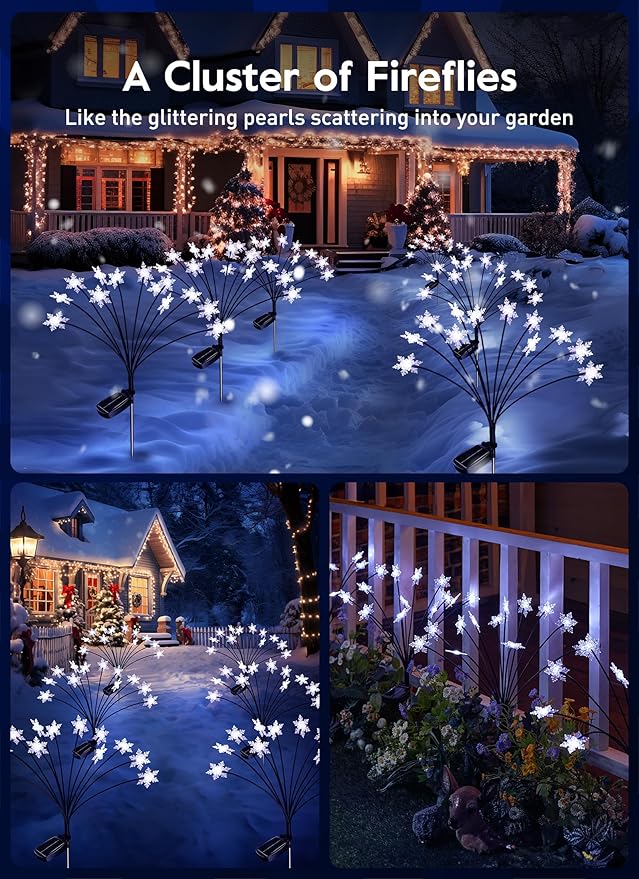 Brightown Christmas Pathway Lights - 4 Pack 48 LED Snowflake Outdoor Lights with 2 Modes, Swaying with Wind, Waterproof Solar Firefly Light Decoration for Yard, Cool White